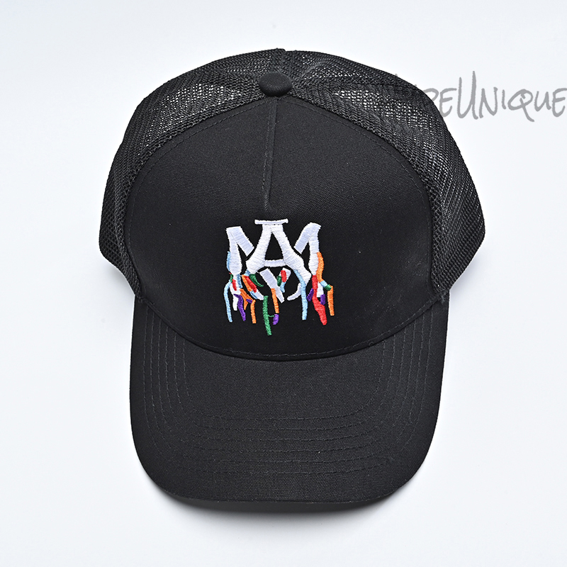 amiri embroidered paint drip am logo trucker snapback cap black/white/multi